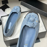 Women's Blue Quilted Embroidered Denim Camellia Ballet Flats |G02819