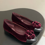 Women's Burgundy Velvet Camellia Ballet Flats G32166