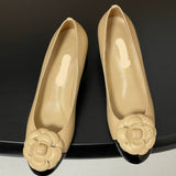 Women's Beige Lambskin or Calfskin Camellia Two-Tone Chunky Heel/Ballet Flats |G45494