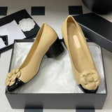 Women's Beige Lambskin or Calfskin Camellia Two-Tone Chunky Heel/Ballet Flats |G45494