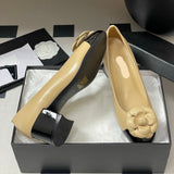 Women's Beige Lambskin or Calfskin Camellia Two-Tone Chunky Heel/Ballet Flats |G45494