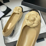 Women's Beige Lambskin or Calfskin Camellia Two-Tone Chunky Heel/Ballet Flats |G45494