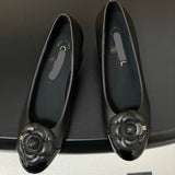 Women's Black Lambskin or Calfskin Camellia Series Mid-Heel Pumps |G31665