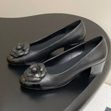 Women's Black Lambskin or Calfskin Camellia Series Mid-Heel Pumps |G31665