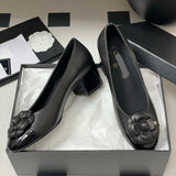 Women's Black Lambskin or Calfskin Camellia Series Mid-Heel Pumps |G31665