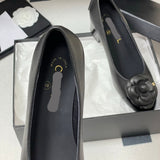 Women's Black Lambskin or Calfskin Camellia Series Mid-Heel Pumps |G31665