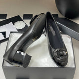 Women's Black Lambskin or Calfskin Camellia Series Mid-Heel Pumps |G31665