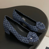 Women's Navy Blue and Dark Gray Embroidered Denim Camellia Chunky Heel Ballet Flats |G26250