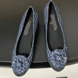 Women's Navy Blue and Dark Gray Embroidered Denim Camellia Chunky Heel Ballet Flats |G26250