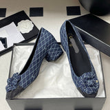 Women's Navy Blue and Dark Gray Embroidered Denim Camellia Chunky Heel Ballet Flats |G26250