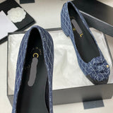Women's Navy Blue and Dark Gray Embroidered Denim Camellia Chunky Heel Ballet Flats |G26250