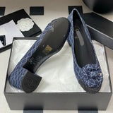 Women's Navy Blue and Dark Gray Embroidered Denim Camellia Chunky Heel Ballet Flats |G26250