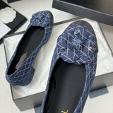 Women's Navy Blue and Dark Gray Embroidered Denim Camellia Chunky Heel Ballet Flats |G26250