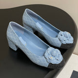 Women's Light Blue Diamond Quilted Embroidered Cowhide Leather Black Coarse Grain Textured Color-Blocked Camellia Print Chunky Mid-Heel Pumps| G39186