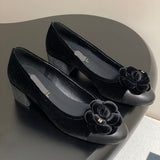 Women's Black Camellia Velvet and Leather Block Heel Pumps |G32913