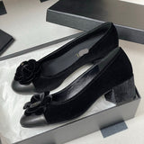 Women's Black Camellia Velvet and Leather Block Heel Pumps |G32913