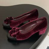 Women's Burgundy Velvet Camellia-Embellished Chunky Heel Pumps |G32166