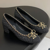 Women's Classic Ballet Flats, Black Lambskin and Patent Leather Combination, with Gold Chain Details |G46663