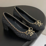 Women's Black Sheepskin Chain-Detailed Chunky Heel Pumps |G46663