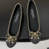 Women's Classic Ballet Flats, Black Lambskin and Patent Leather Combination, with Gold Chain Details |G46663