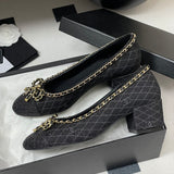 Women's Black Sheepskin Chain-Detailed Chunky Heel Pumps |G46663