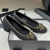 Women's Classic Ballet Flats, Black Lambskin and Patent Leather Combination, with Gold Chain Details |G46663