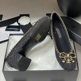 Women's Classic Ballet Flats, Black Lambskin and Patent Leather Combination, with Gold Chain Details |G46663