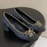 Women's Dark Blue Denim Diamond Quilted Chain Bow Chunky Mid-Heel Pumps| G47181