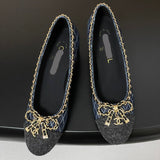 Women's Dark Blue Denim Diamond Quilted Chain Bow Chunky Mid-Heel Pumps| G47181
