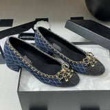 Women's Dark Blue Denim Diamond Quilted Chain Bow Chunky Mid-Heel Pumps| G47181