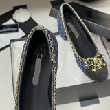Women's Dark Blue Denim Diamond Quilted Chain Bow Chunky Mid-Heel Pumps| G47181