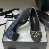 Women's Dark Blue Denim Diamond Quilted Chain Bow Chunky Mid-Heel Pumps| G47181