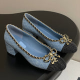 Women's Light Blue Denim Diamond Quilted Chain Bow Mid-Heel Pumps| G47820