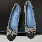 Women's Light Blue Denim Diamond Quilted Chain Bow Mid-Heel Pumps| G47820