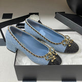 Women's Light Blue Denim Diamond Quilted Chain Bow Mid-Heel Pumps| G47820
