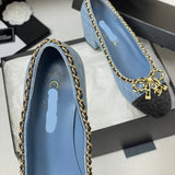 Women's Light Blue Denim Diamond Quilted Chain Bow Mid-Heel Pumps| G47820