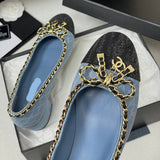 Women's Light Blue Denim Diamond Quilted Chain Bow Mid-Heel Pumps| G47820