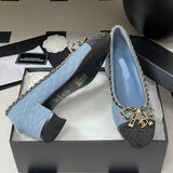 Women's Light Blue Denim Diamond Quilted Chain Bow Mid-Heel Pumps| G47820