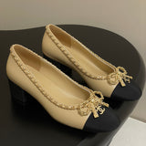 Women's Beige Lambskin Chain Bow Mid-Heel Pumps G46663