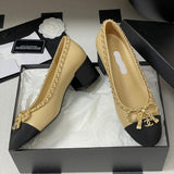 Women's Beige Lambskin Chain Bow Mid-Heel Pumps G46663