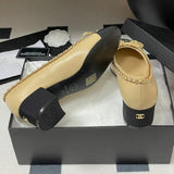 Women's Beige Lambskin Chain Bow Mid-Heel Pumps G46663