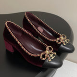 Women's Burgundy Velvet Two-Tone Chain-Detail Chunky Heel Pumps |G46663