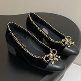 Women's Black Velvet Lambskin and Patent Leather Patchwork Chain Block Heel Pumps| G47203