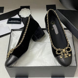 Women's Black Velvet Lambskin and Patent Leather Patchwork Chain Block Heel Pumps| G47203
