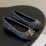 Women's Navy Denim Diamond Quilted Print Double C Patch Toe Ballet Flats| G26250