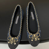 Women's Navy Denim Diamond Quilted Print Double C Patch Toe Ballet Flats| G26250