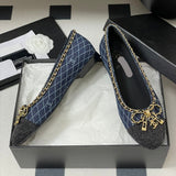 Women's Navy Denim Diamond Quilted Print Double C Patch Toe Ballet Flats| G26250