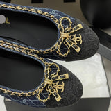 Women's Navy Denim Diamond Quilted Print Double C Patch Toe Ballet Flats| G26250