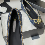Women's Navy Denim Diamond Quilted Print Double C Patch Toe Ballet Flats| G26250