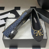 Women's Navy Denim Diamond Quilted Print Double C Patch Toe Ballet Flats| G26250